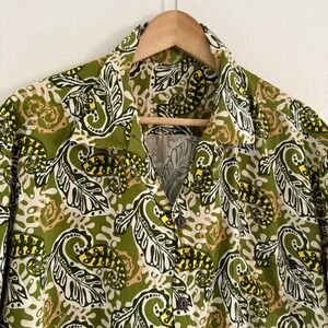 Manuhealii Mens Button Front Shirt Green Hawaiian Print No Size Tag Fits Like XL